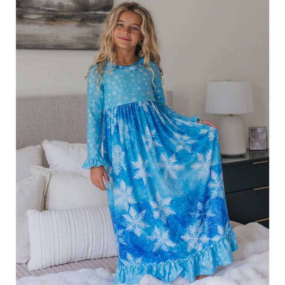 Oopsie Daisy Girls Blue Snowflake Ice Princess Holiday Lounge Play Gown Size 7/8